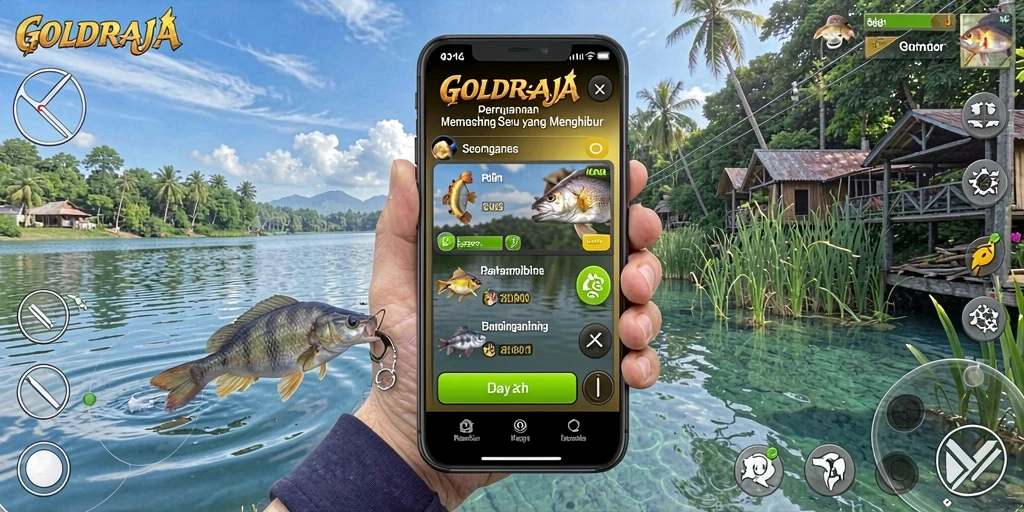 Tampilan gameplay seru dalam GOLDRAJA saat menangkap ikan.