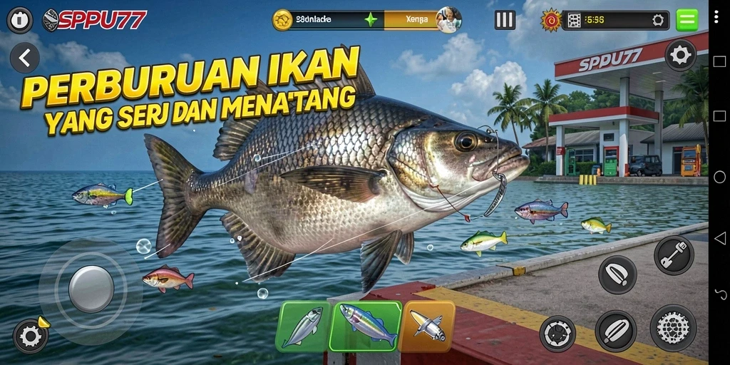 Gameplay SPBU77 yang seru dan penuh aksi menangkap ikan.
