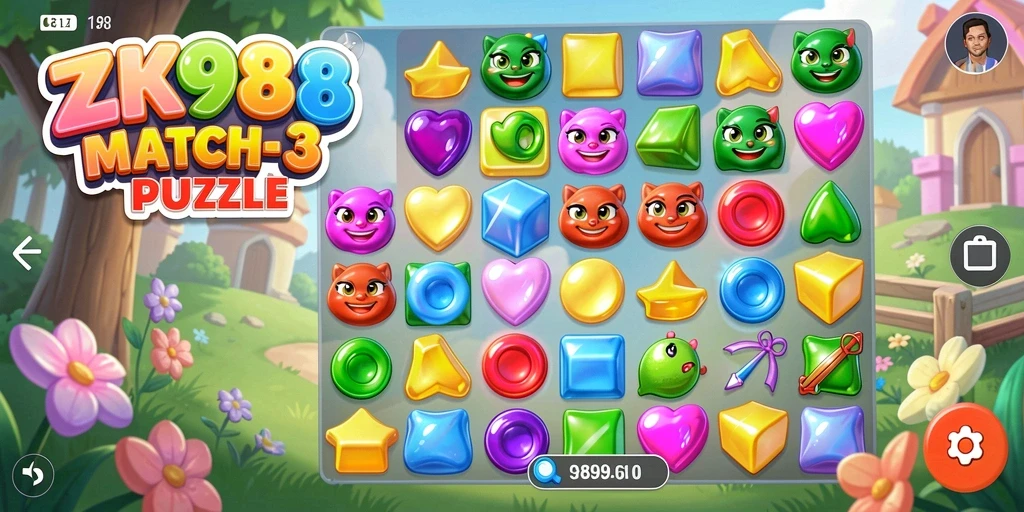 Screenshot utama ZK988 yang menunjukkan gameplay Match-3 yang seru.